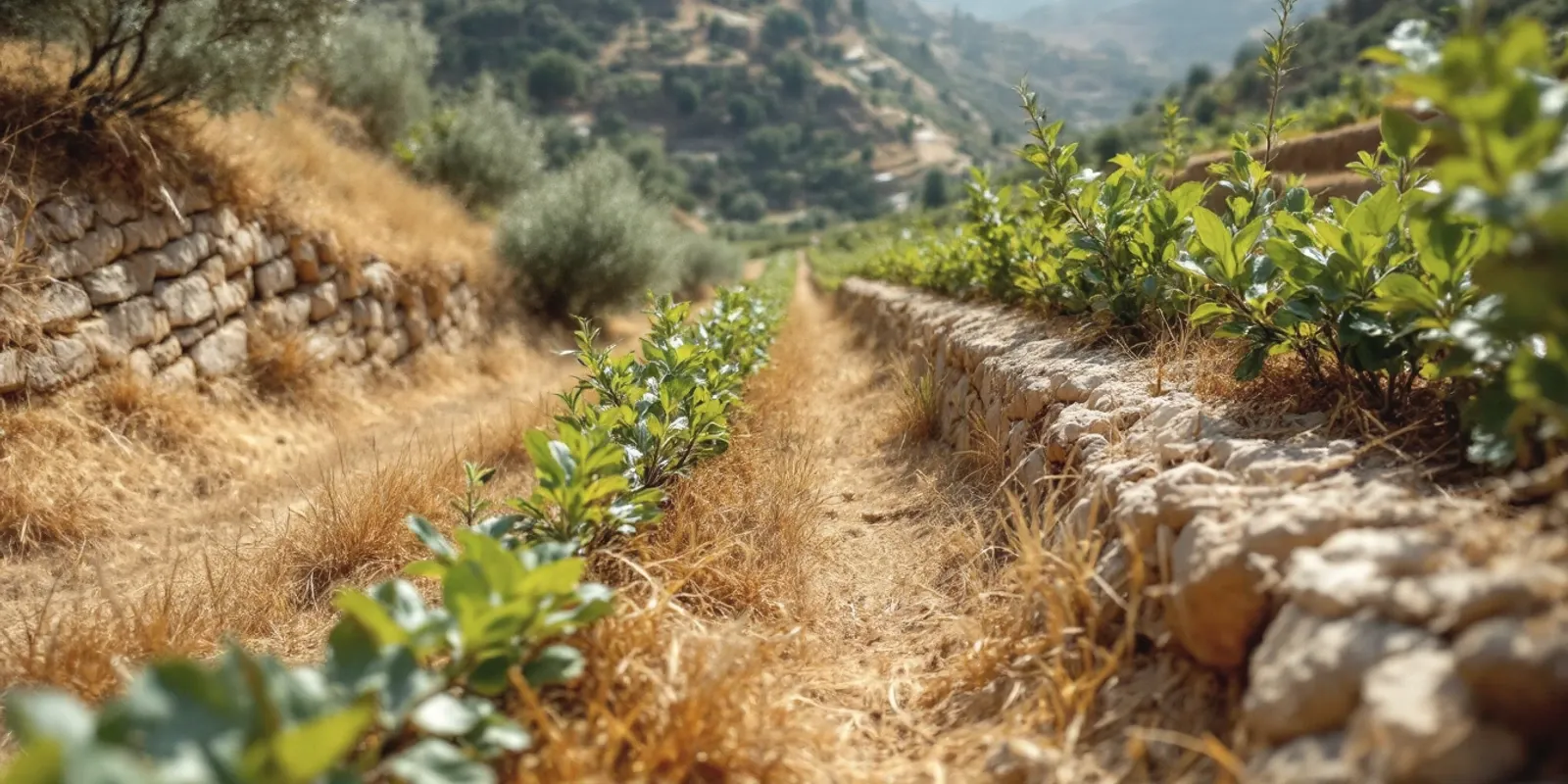 Ladera en bancales estrechos de piedra plantados de olivos y tabaco, con hierba seca entre las filas