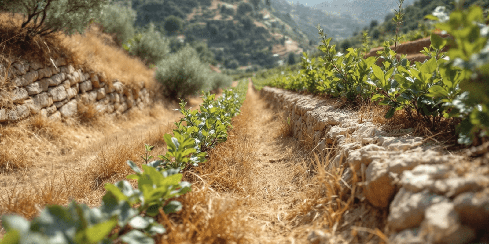 Ladera en bancales estrechos de piedra plantados de olivos y tabaco, con hierba seca entre las filas