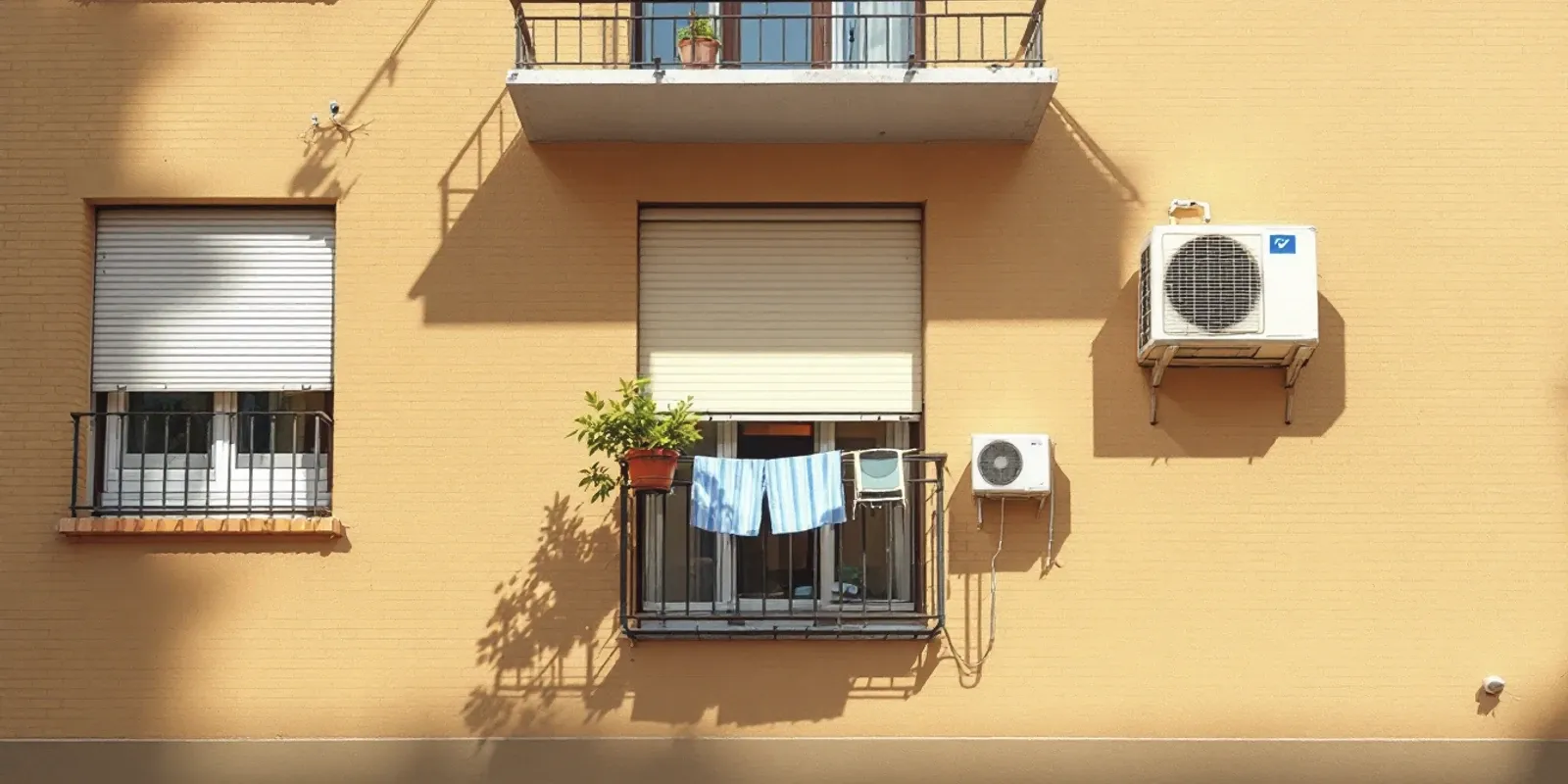 Fachada de un bloque de pisos con balcones de hierro, persianas a media altura y ropa tendida