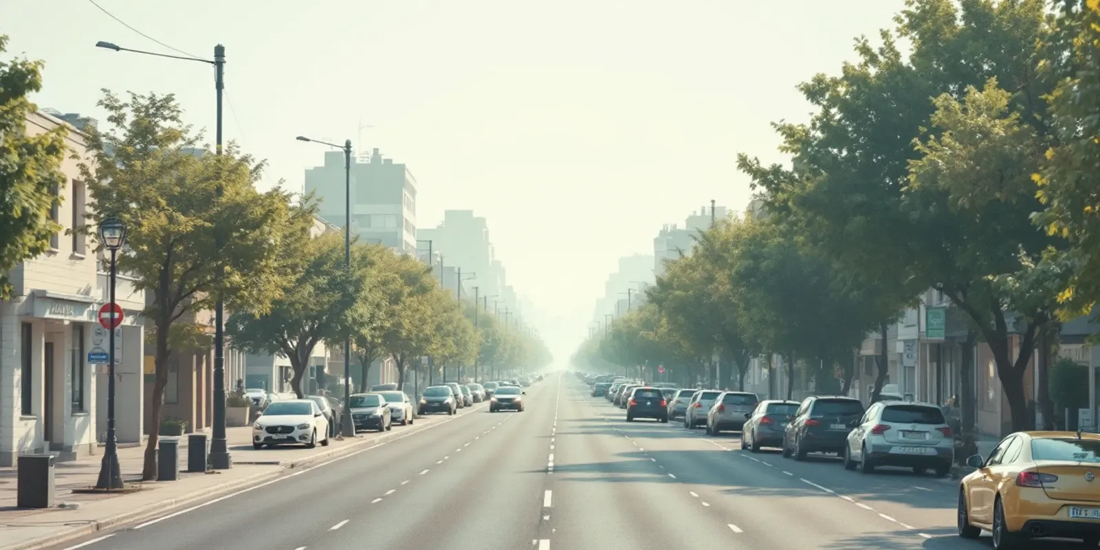 Avenida ancha con edificios bajos, coches aparcados, árboles y unas pocas figuras a lo lejos