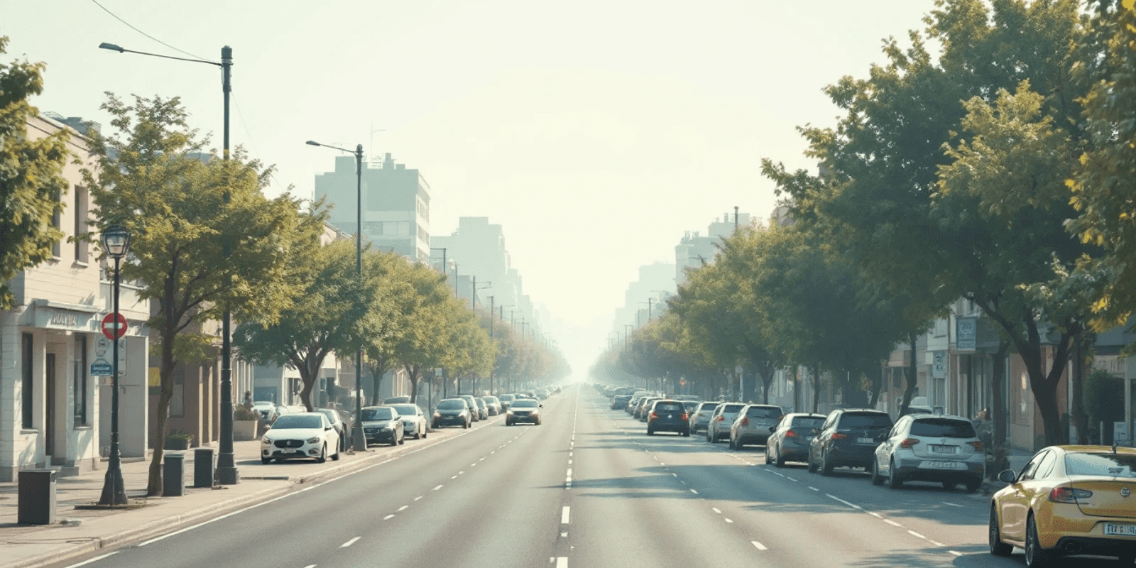 Avenida ancha con edificios bajos, coches aparcados, árboles y unas pocas figuras a lo lejos