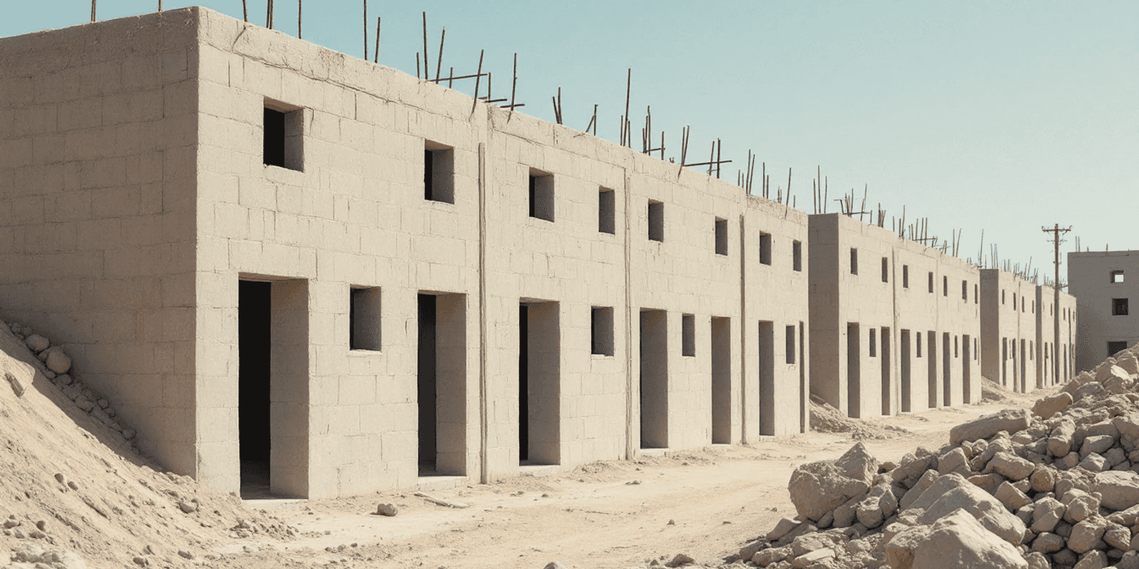 Hilera de casas de bloque sin terminar en una ladera polvorienta, con hierros al aire