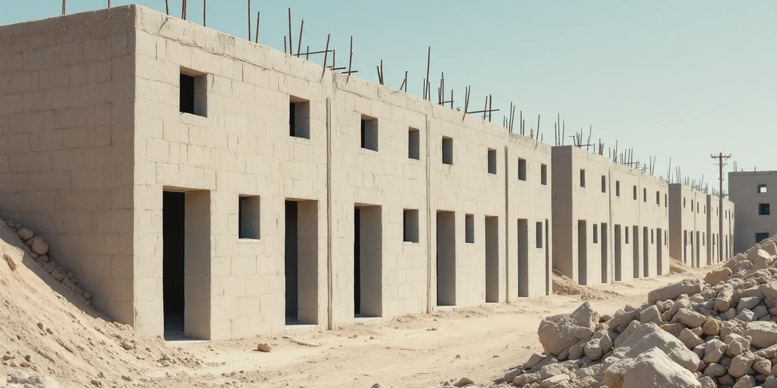Hilera de casas de bloque sin terminar en una ladera polvorienta, con hierros al aire
