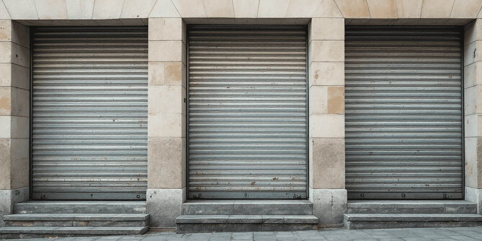 Persianas metálicas oxidadas y bajadas sobre los comercios de una calle de piedra clara
