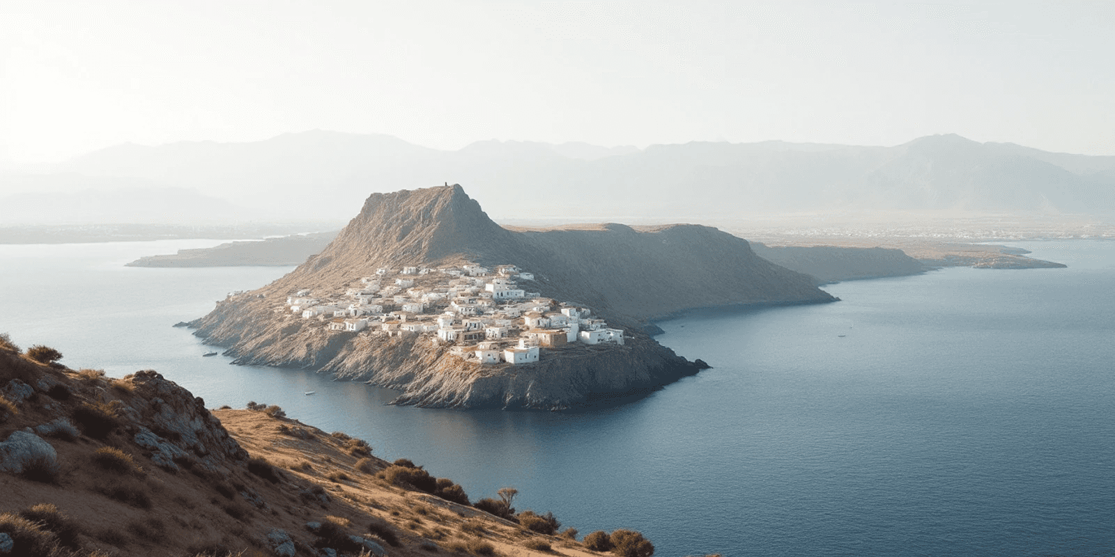 Un promontorio rocoso con casas blancas unido a tierra por un istmo estrecho, con montañas al otro lado del agua