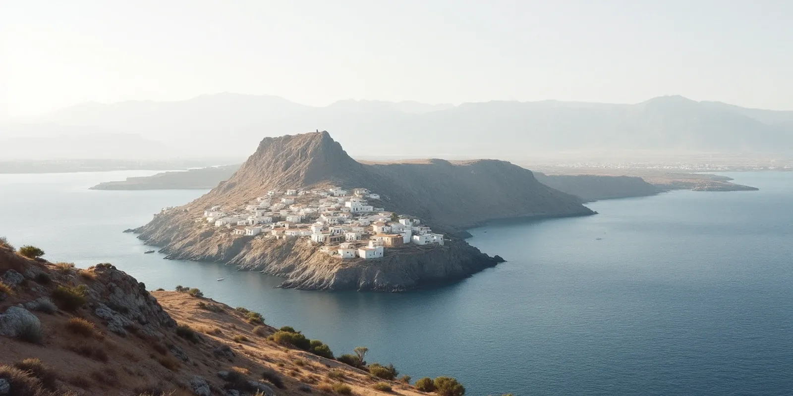 Un promontorio rocoso con casas blancas unido a tierra por un istmo estrecho, con montañas al otro lado del agua
