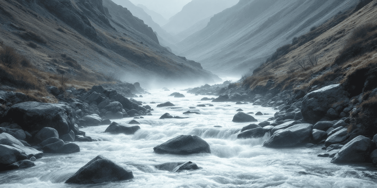 Arroyo de montaña entre laderas empinadas en un valle estrecho, con niebla baja sobre el agua