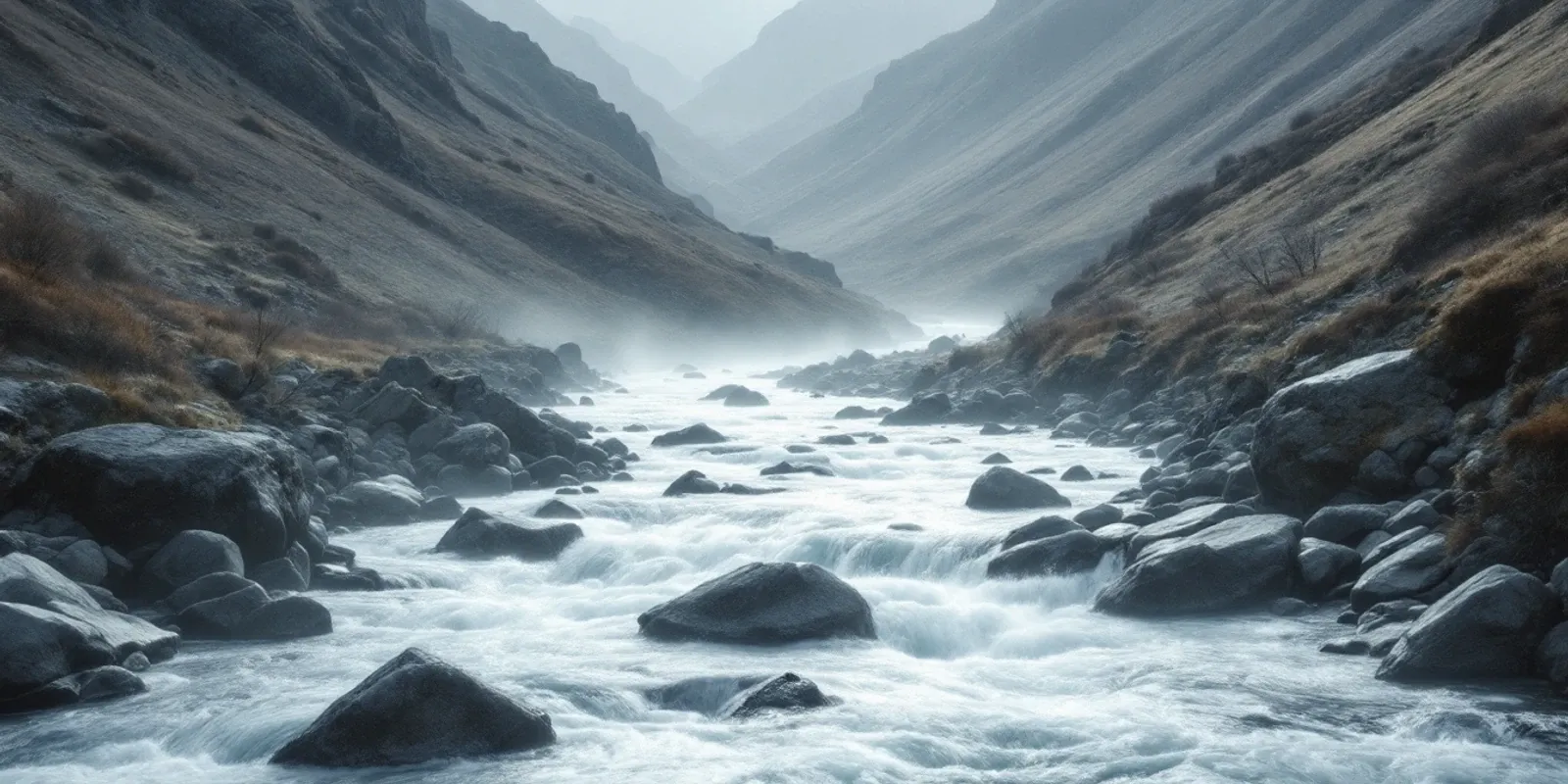 Arroyo de montaña entre laderas empinadas en un valle estrecho, con niebla baja sobre el agua