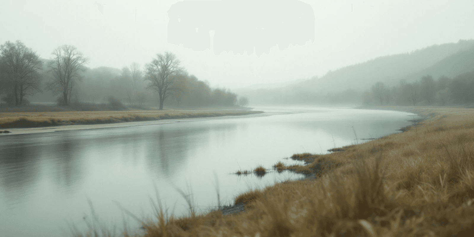 Río ancho entre colinas boscosas, con una franja de niebla pegada al agua