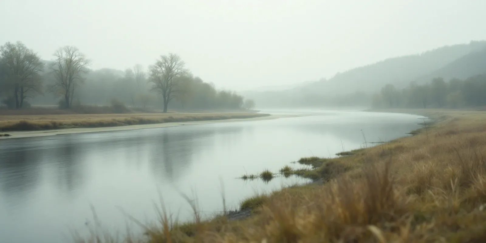 Río ancho entre colinas boscosas, con una franja de niebla pegada al agua