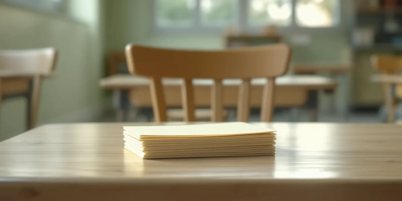 Un montón de sobres en blanco sobre una mesa de colegio, con un aula vacía al fondo