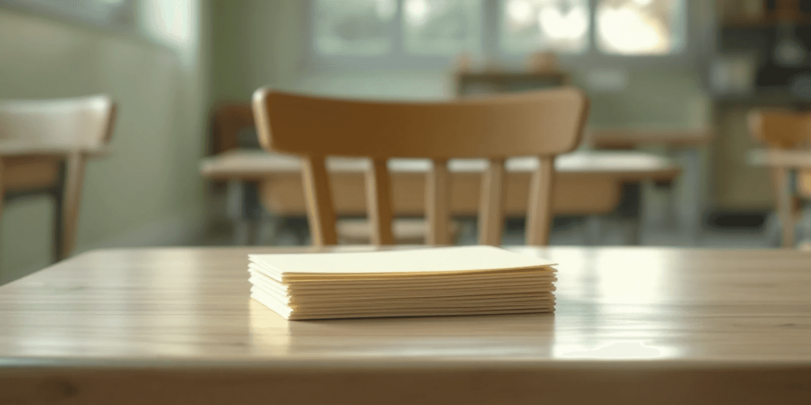 Un montón de sobres en blanco sobre una mesa de colegio, con un aula vacía al fondo