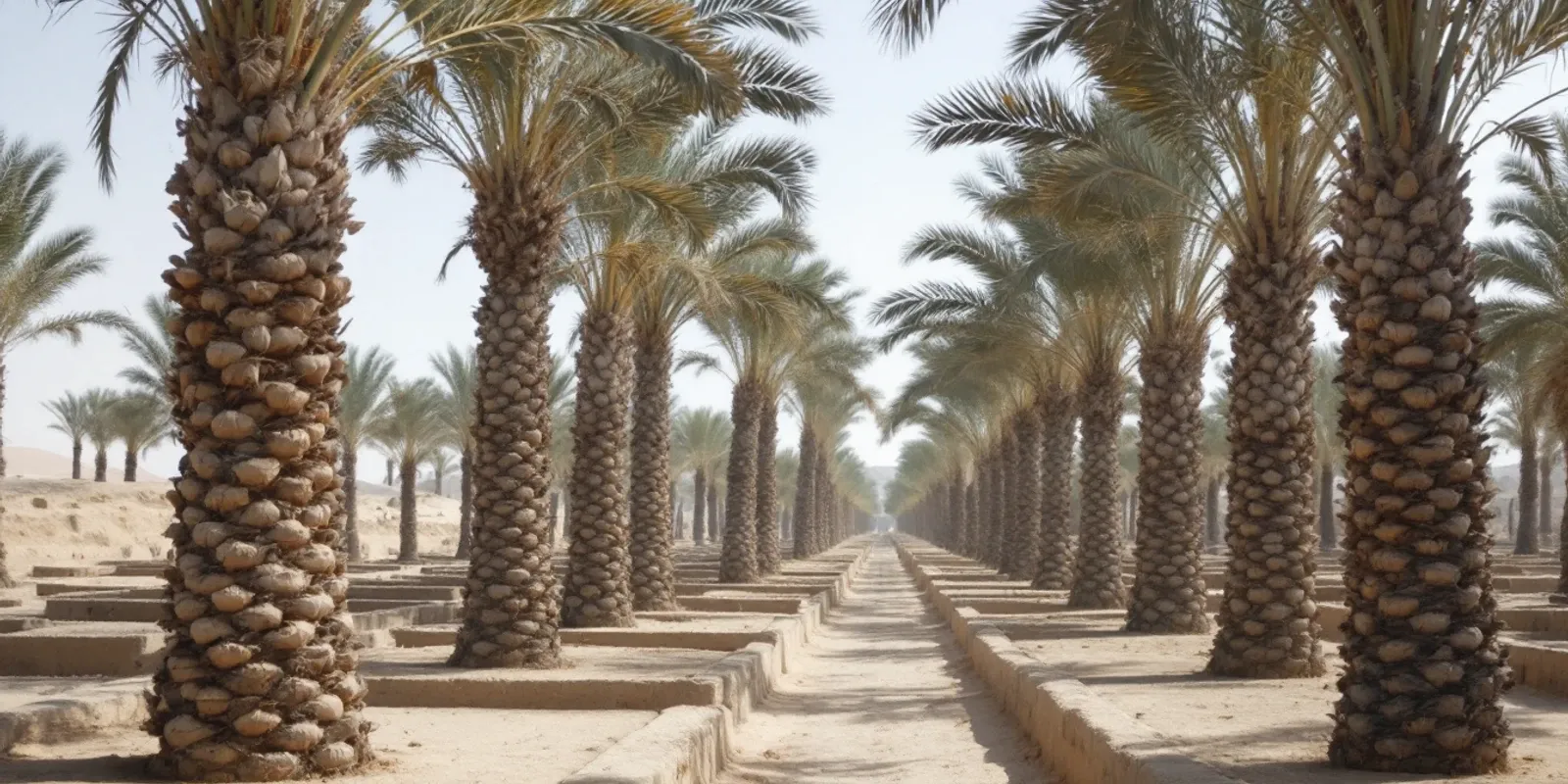 Palmeral de dátiles con acequias de tierra entre los troncos y pequeñas parcelas amuralladas