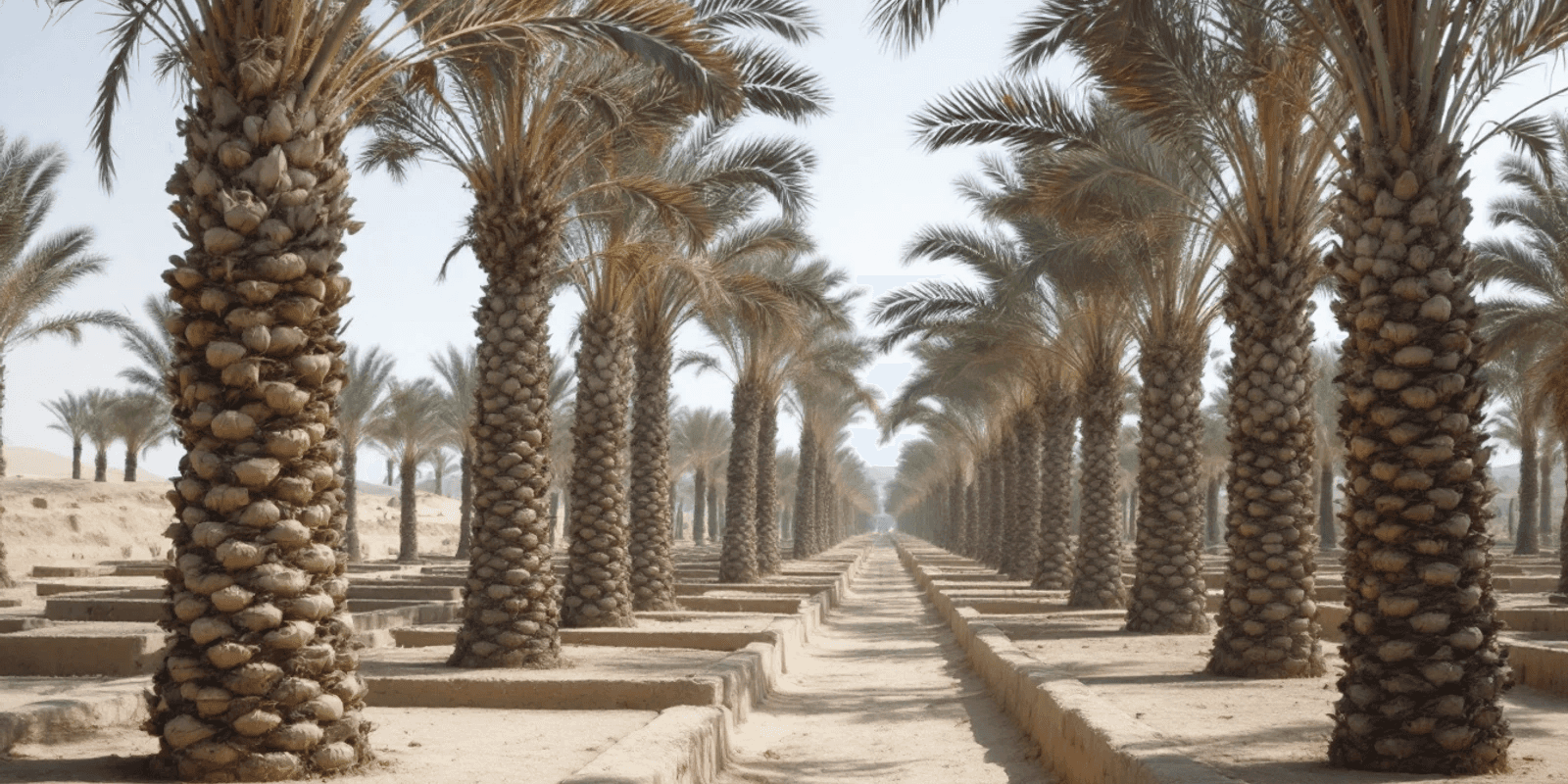 Palmeral de dátiles con acequias de tierra entre los troncos y pequeñas parcelas amuralladas