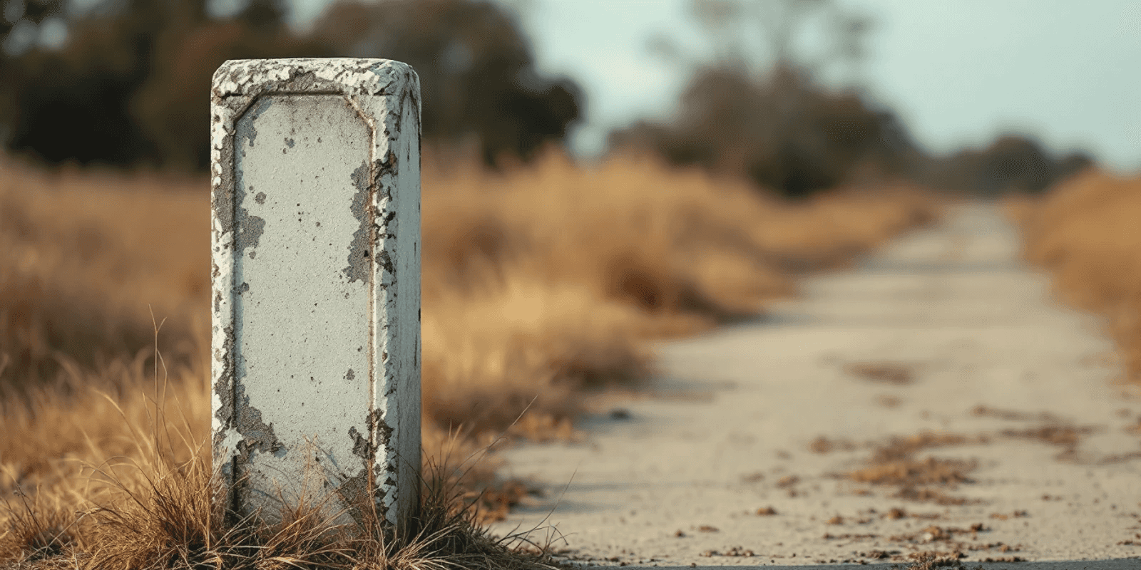 Mojón de hormigón desgastado, solo en un prado seco, con los bordes desconchados