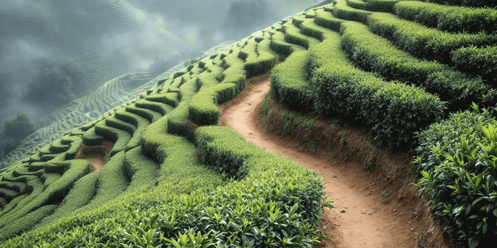 Bancales de té en una ladera empinada, con niebla entre las hileras y un camino de tierra