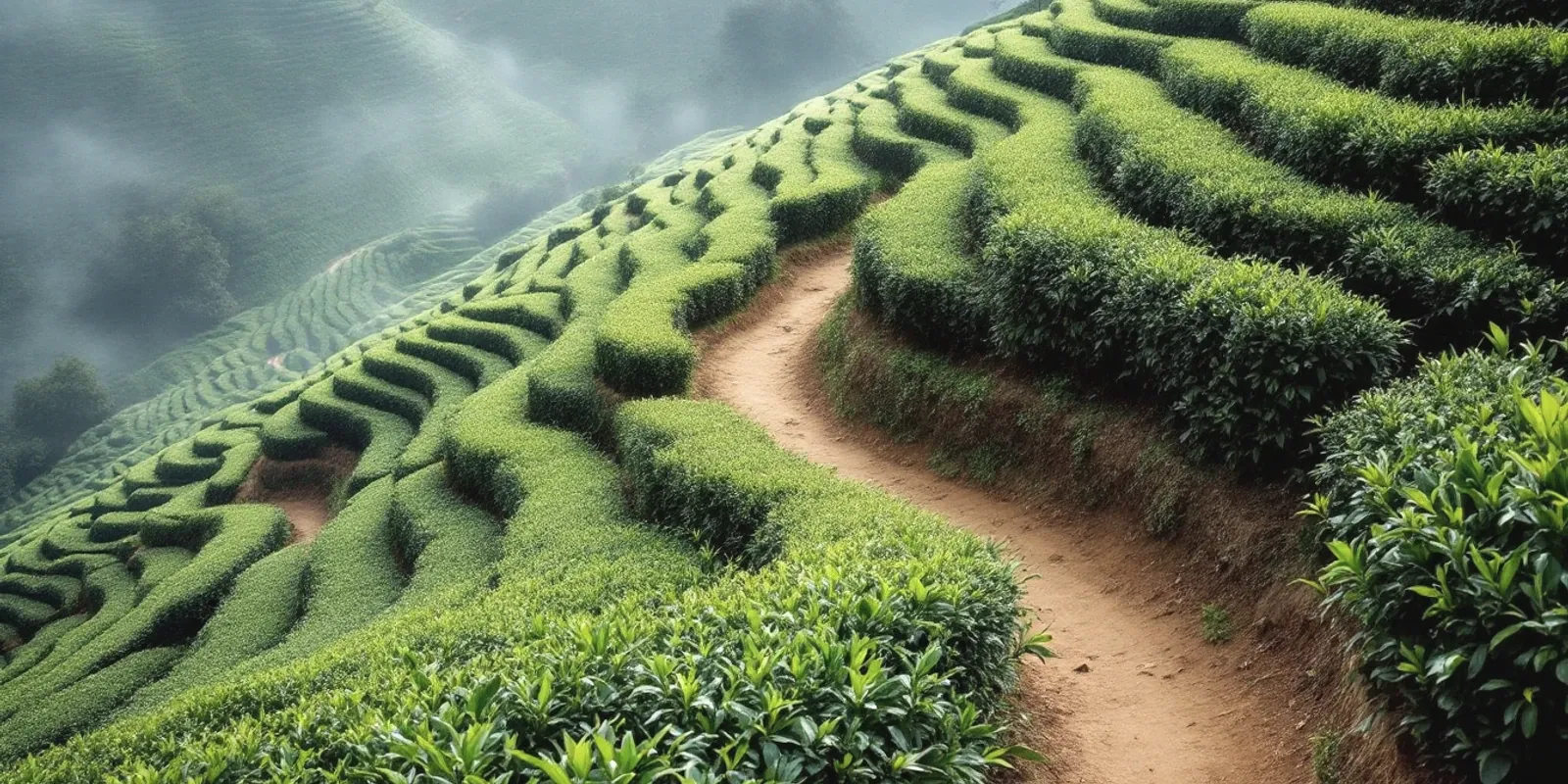 Bancales de té en una ladera empinada, con niebla entre las hileras y un camino de tierra