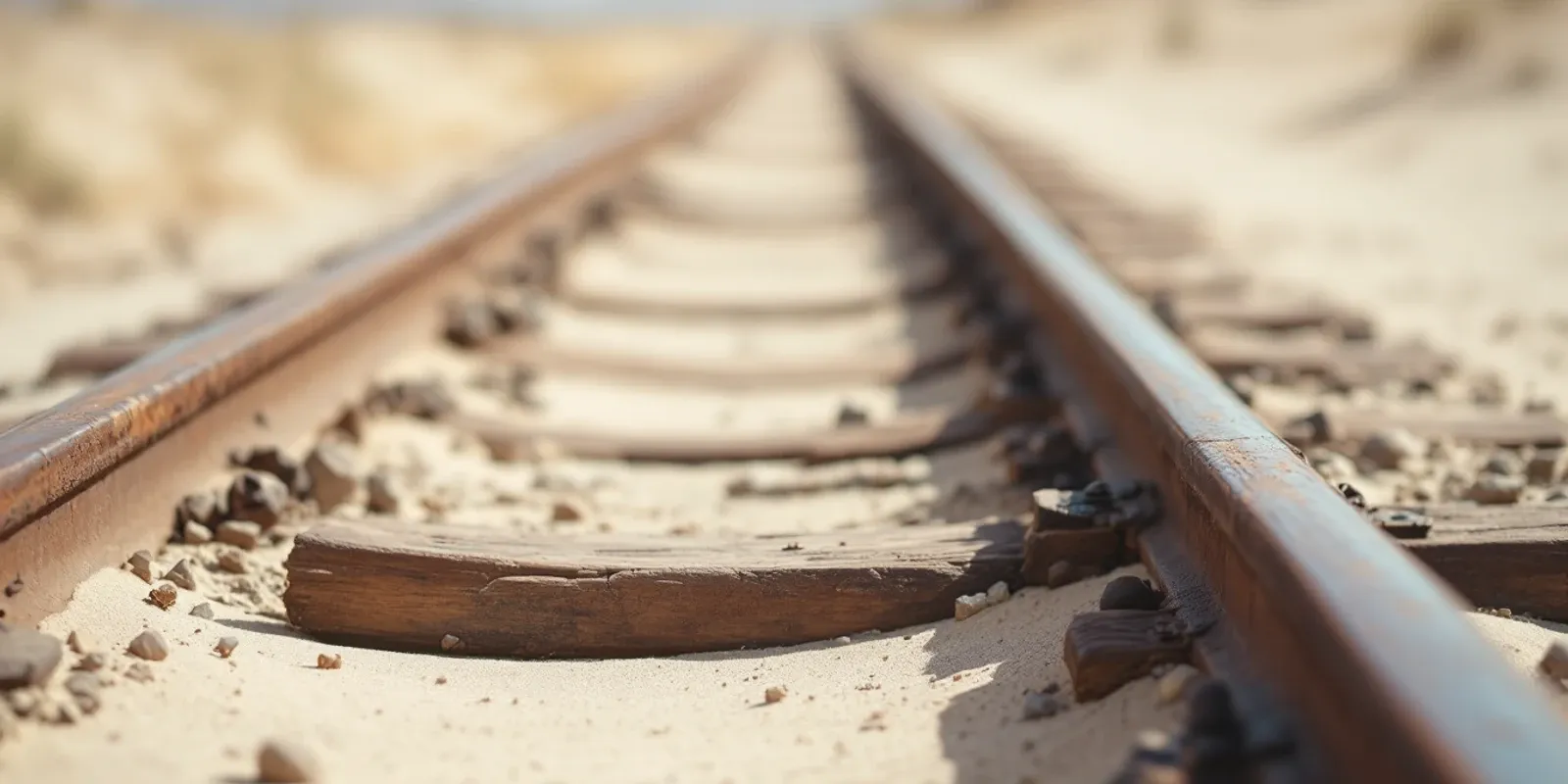 Vía de tren estrecha medio enterrada en la arena, con raíles picados y traviesas partidas