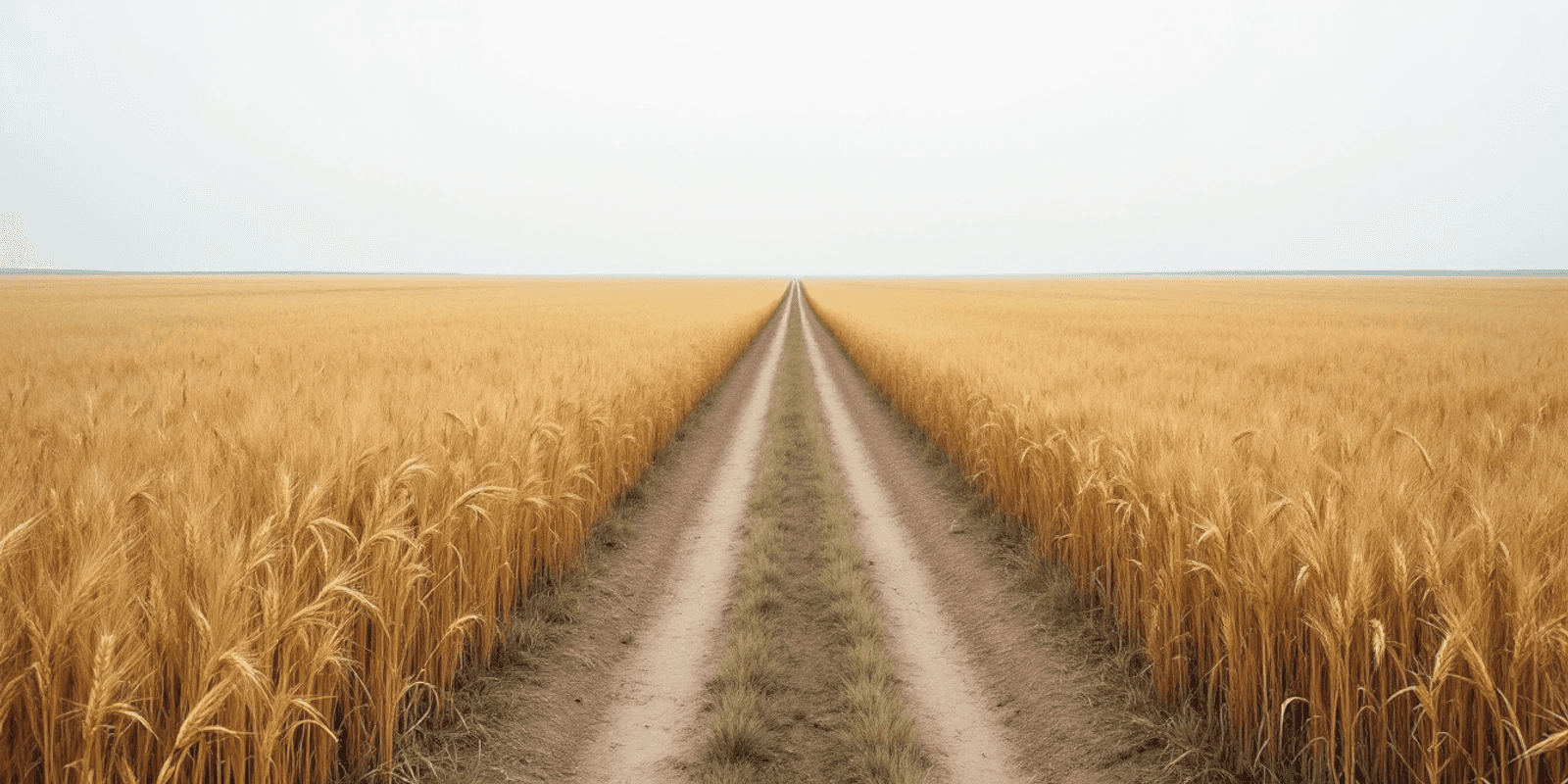 Campo de trigo maduro hasta el horizonte bajo un cielo gris, con un camino de tierra cruzándolo