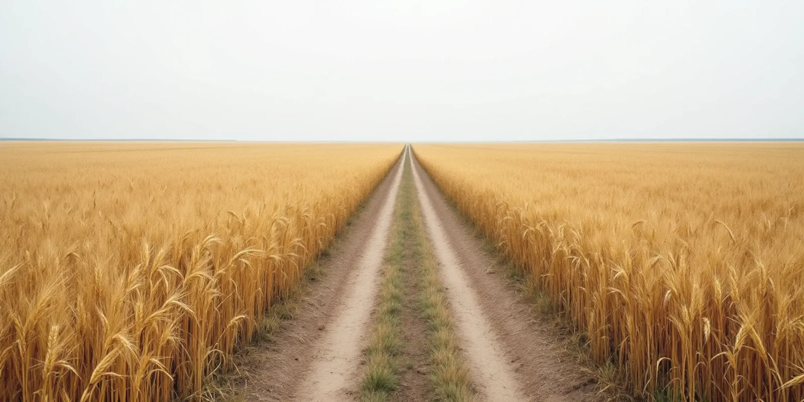 Campo de trigo maduro hasta el horizonte bajo un cielo gris, con un camino de tierra cruzándolo