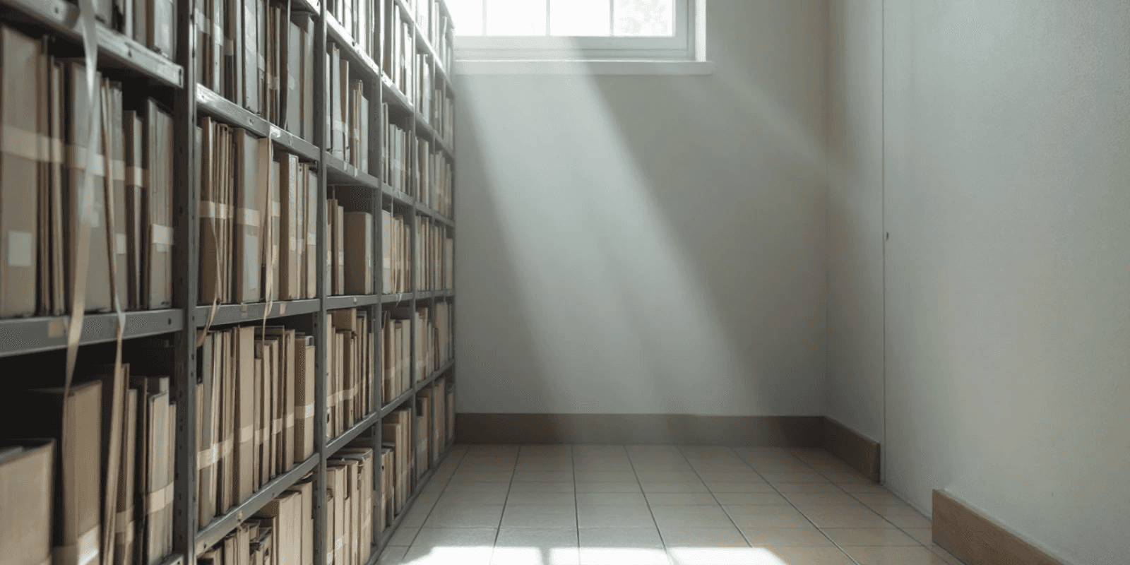 Estanterías metálicas de un archivo judicial llenas de expedientes atados con cinta, con luz de una ventana alta
