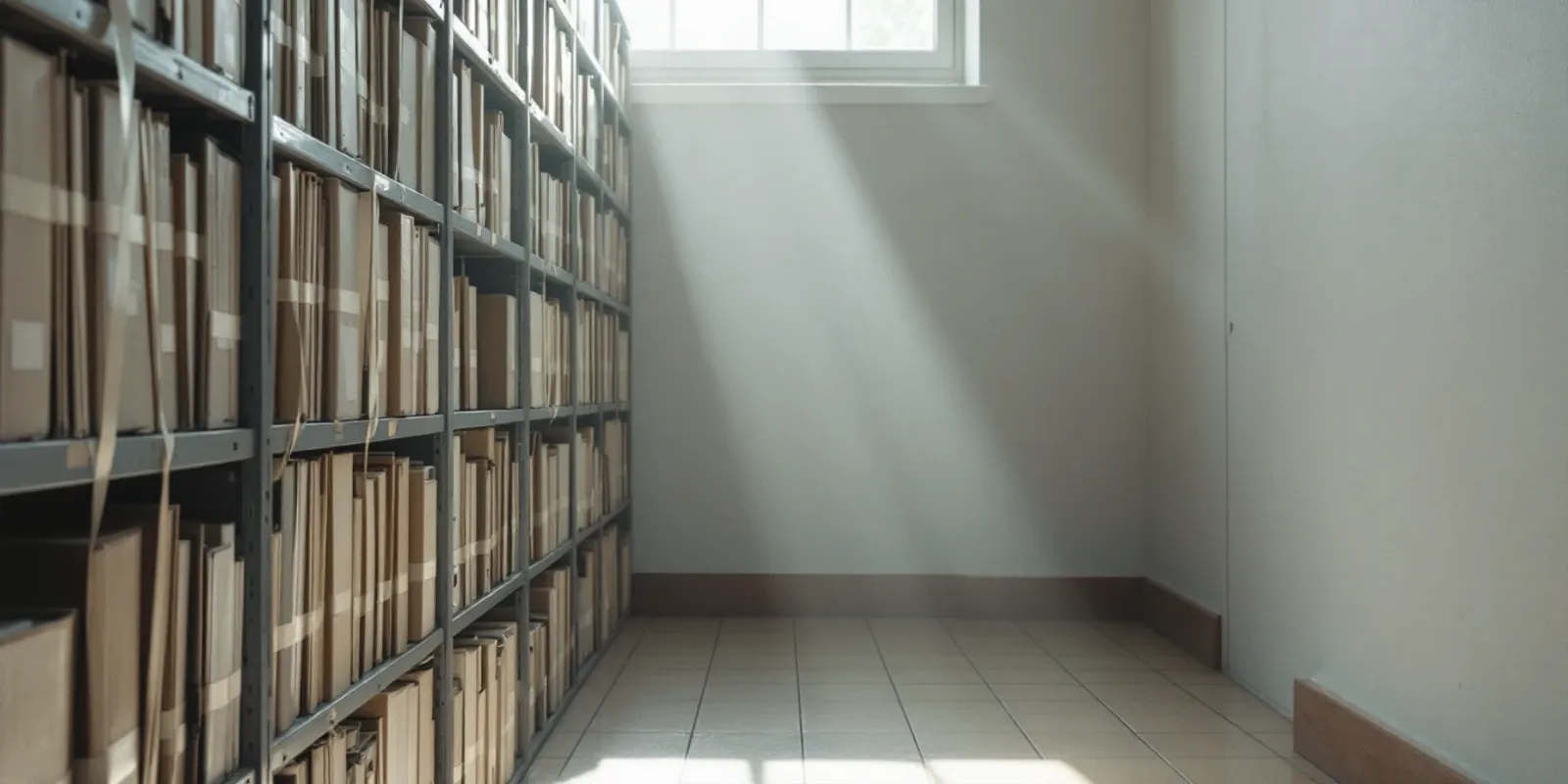 Estanterías metálicas de un archivo judicial llenas de expedientes atados con cinta, con luz de una ventana alta