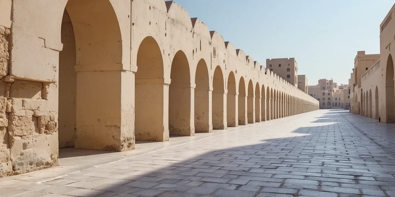 Soportales de piedra con una larga fila de arcos lisos y el pavimento gastado, vacíos