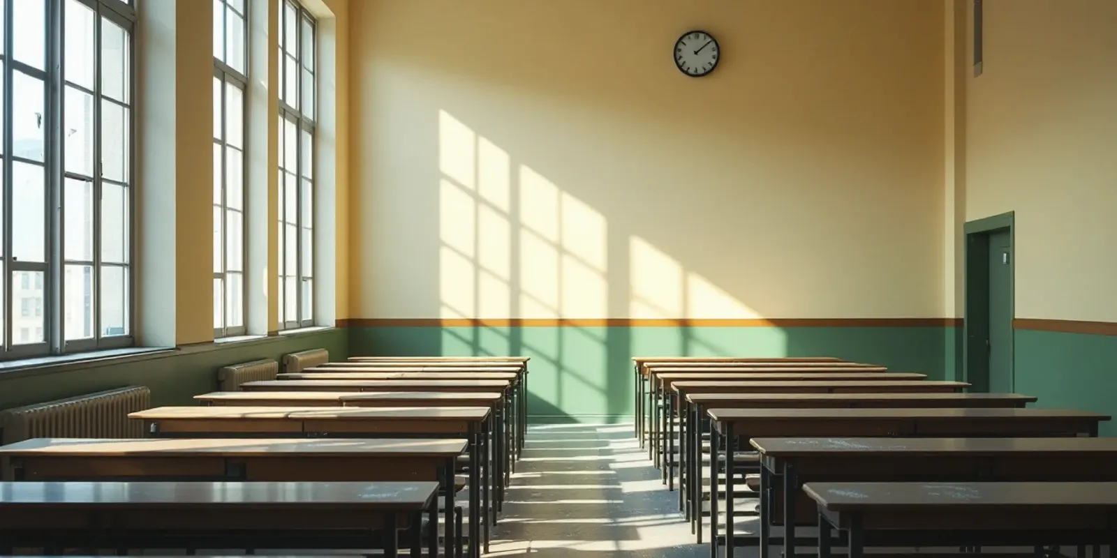 Aula vacía con filas de pupitres de madera, pared lisa y ventanales a un lado