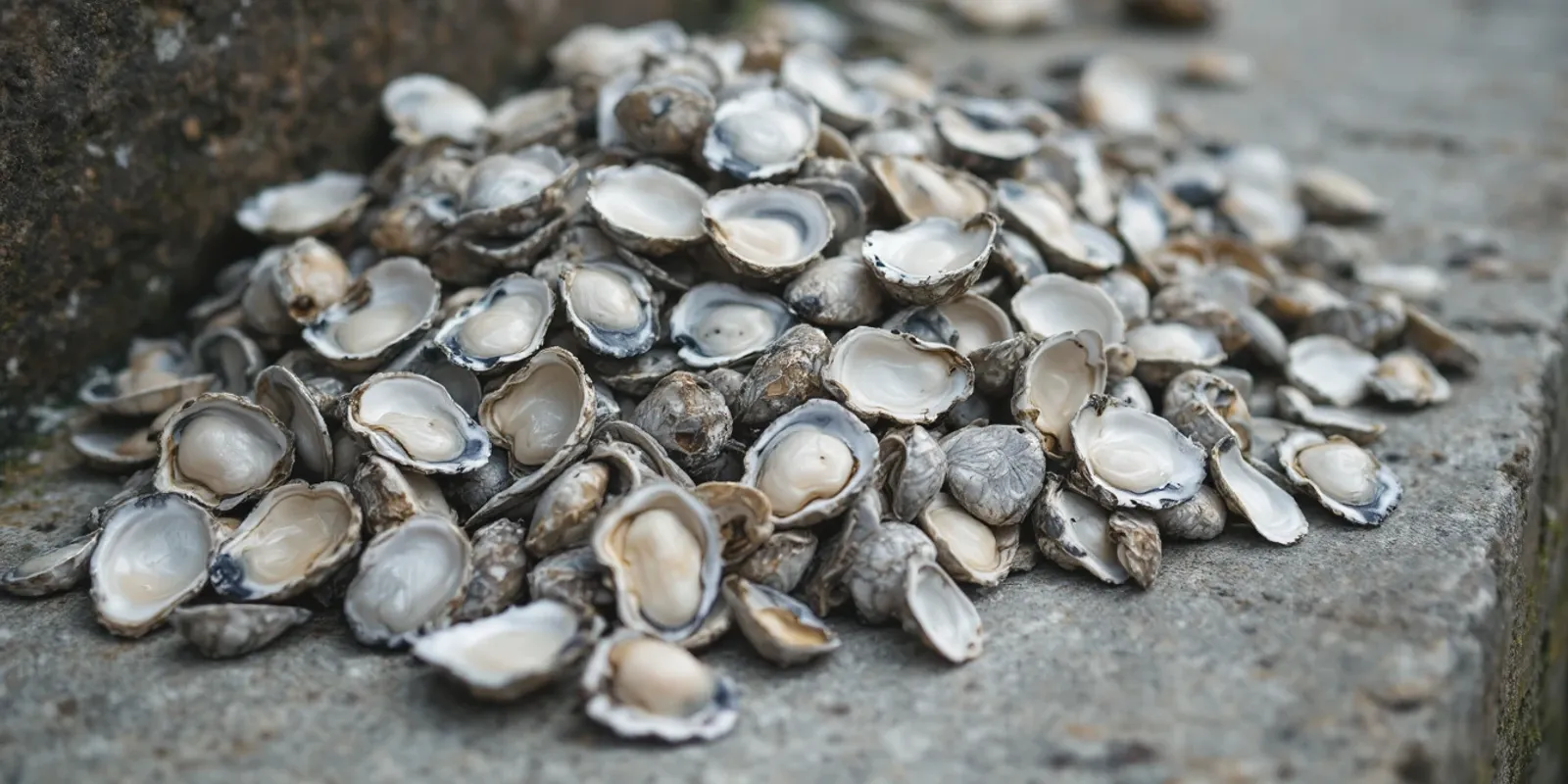 Montón de conchas viejas de ostra perlera en un muelle de piedra, algunas vueltas del revés