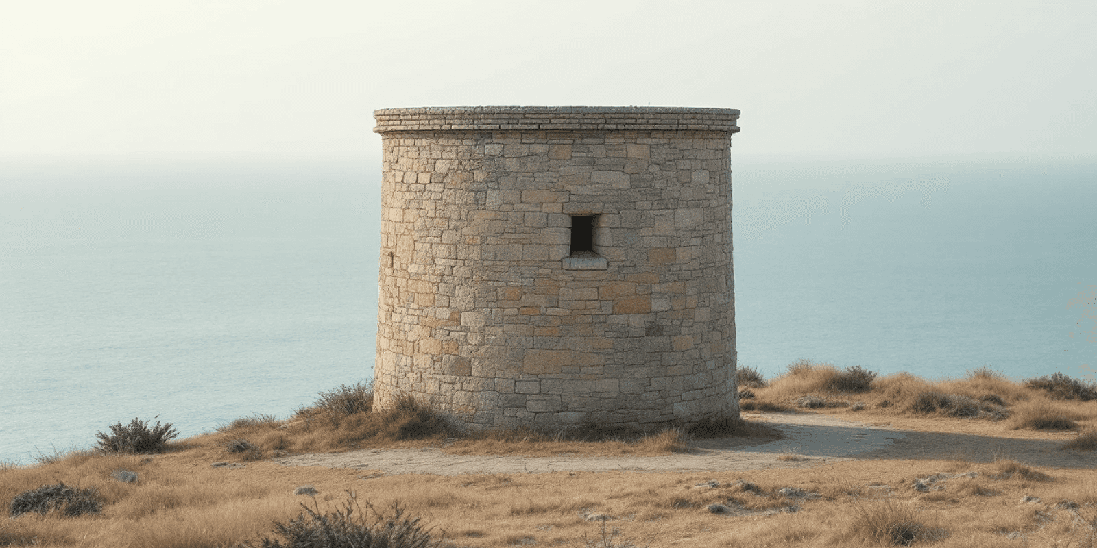 Torre vigía de piedra, redonda y achaparrada, sola en un cerro costero de matorral seco, con el mar detrás