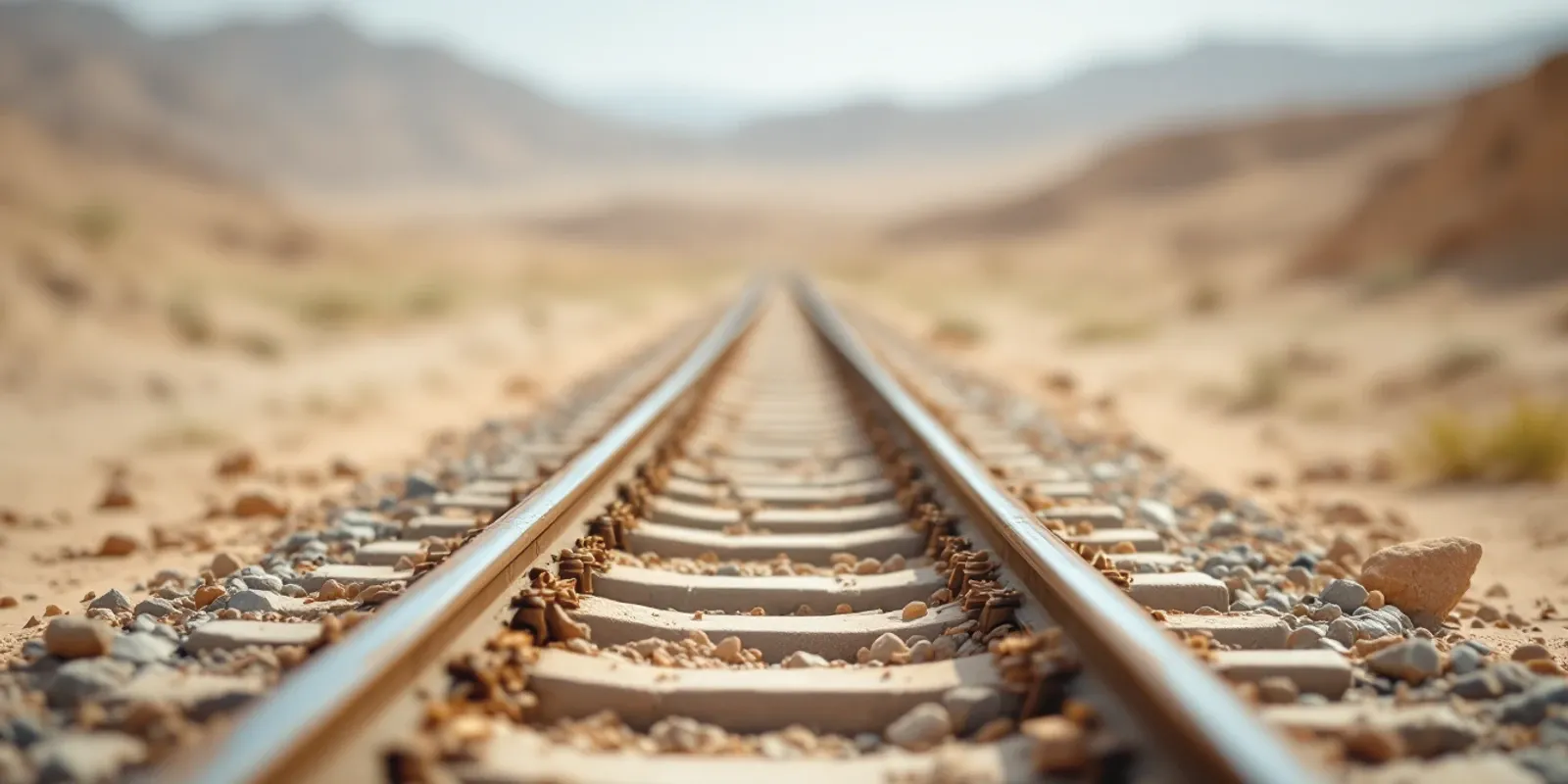 Vía de tren recta sobre balasto en pleno desierto, con arena encima de las traviesas