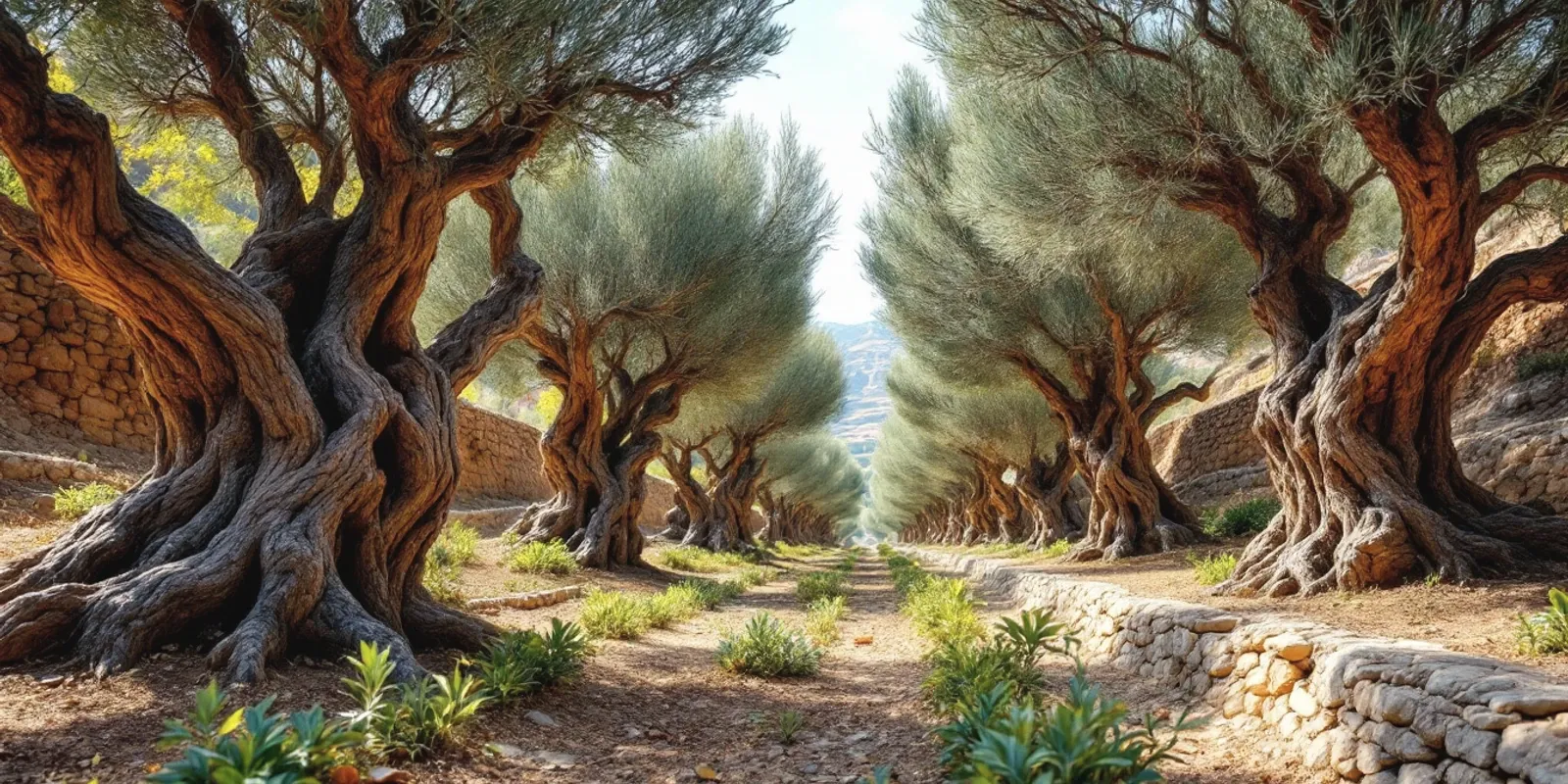Olivos viejos de tronco hueco en bancales sostenidos por muros de piedra seca