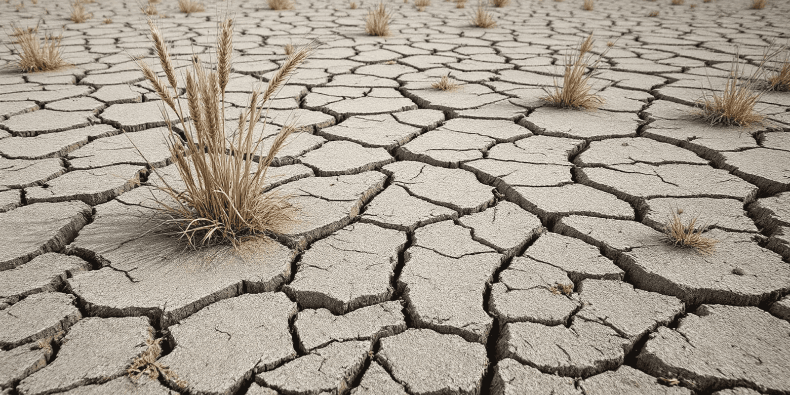Tierra de labor agrietada en placas duras por la sequía, con espigas de trigo blanqueadas