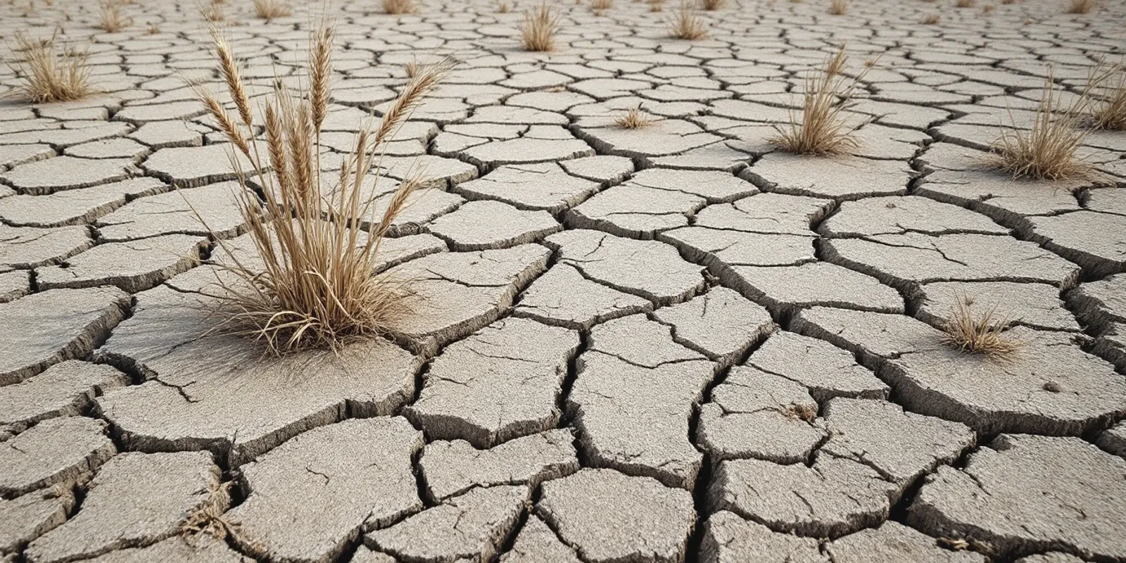 Tierra de labor agrietada en placas duras por la sequía, con espigas de trigo blanqueadas