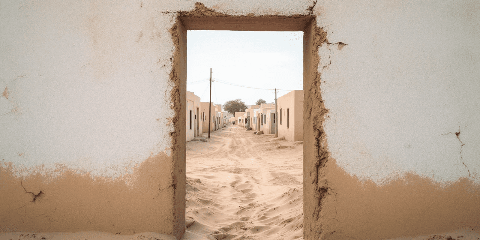 Calle de casas bajas con arena acumulada hasta media pared y esparcida por la calzada
