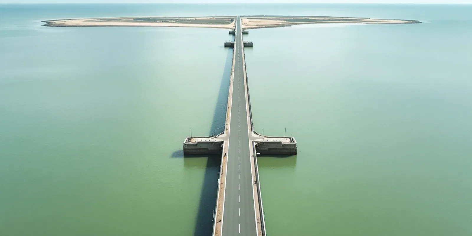 Carretera sobre pilares de hormigón que se adentra recta en un mar somero y verdoso