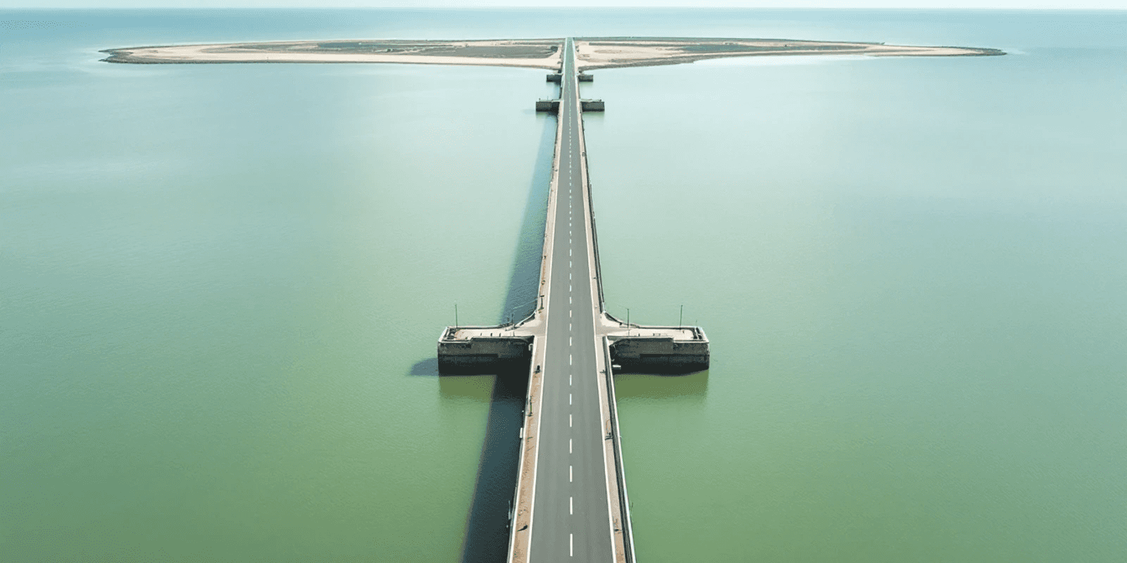 Carretera sobre pilares de hormigón que se adentra recta en un mar somero y verdoso
