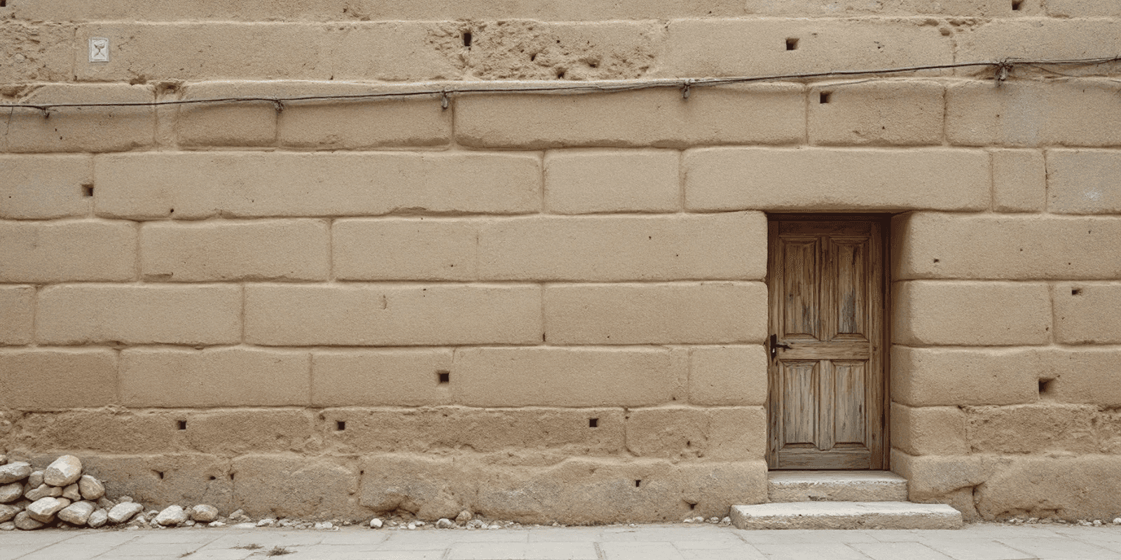 Esquina de un edificio de tierra apisonada, con las capas horizontales bien marcadas