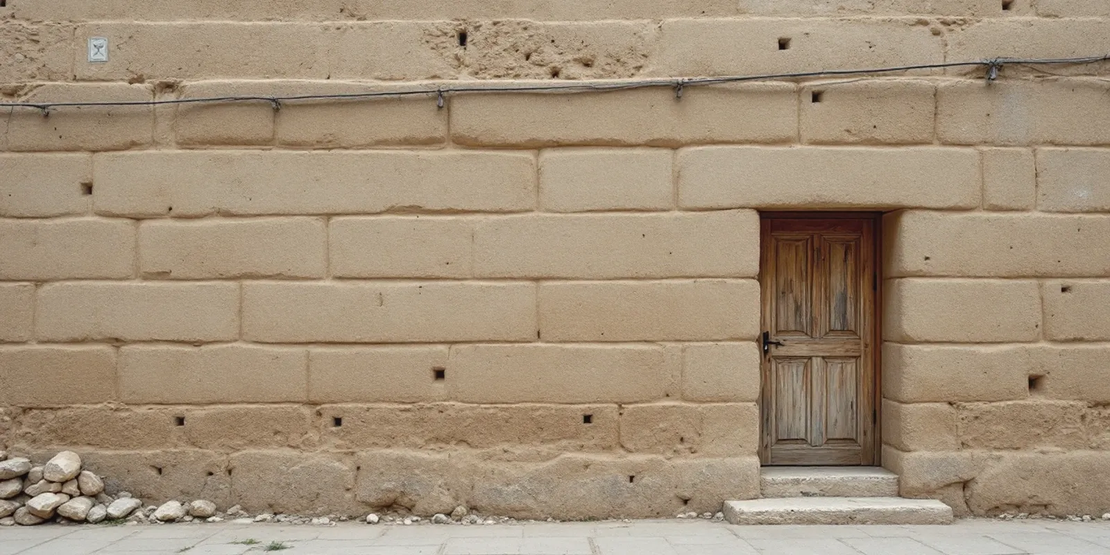 Esquina de un edificio de tierra apisonada, con las capas horizontales bien marcadas