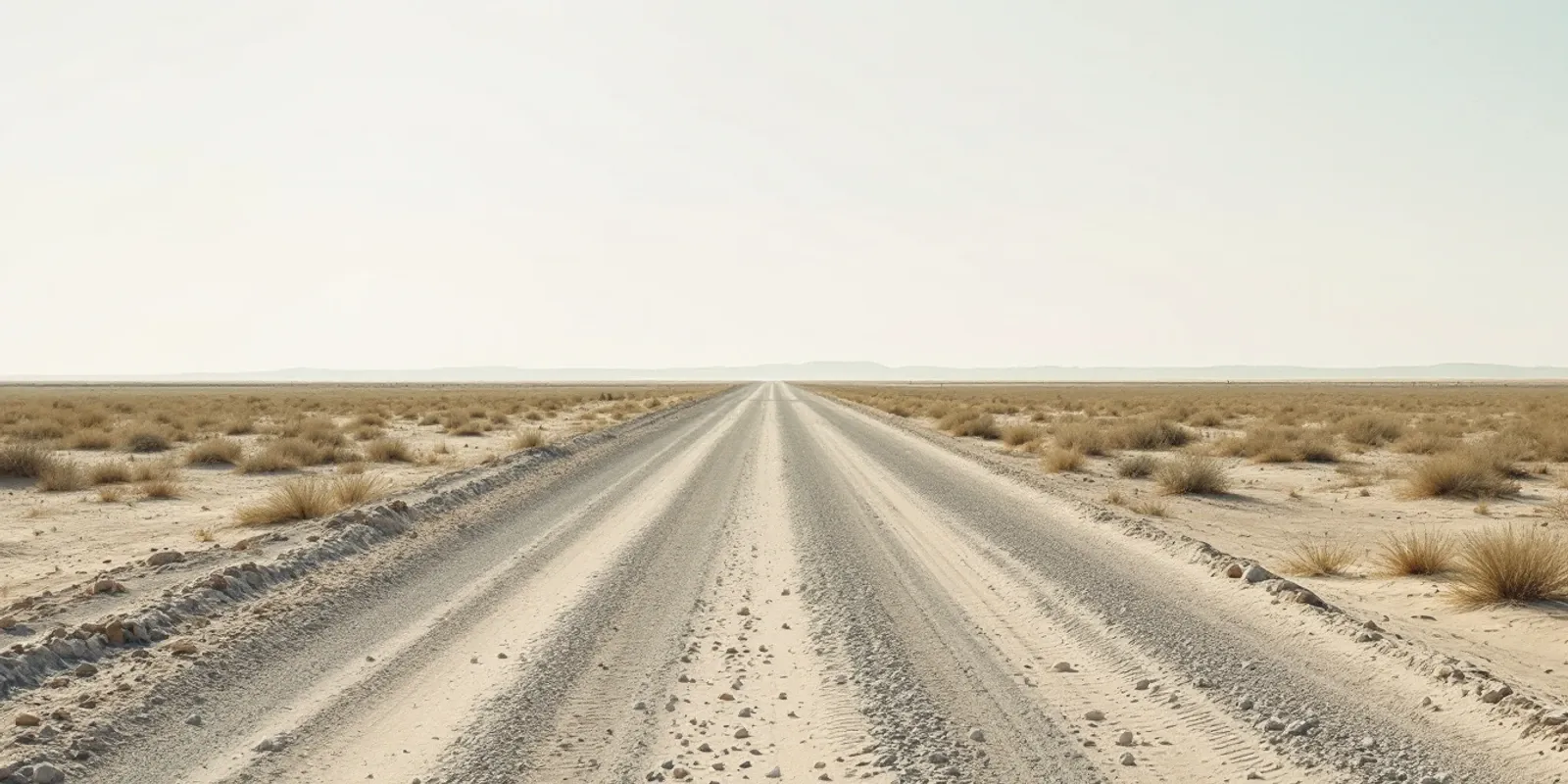 Llanura de desierto pedregoso con matorral seco y huellas de neumático hasta el horizonte