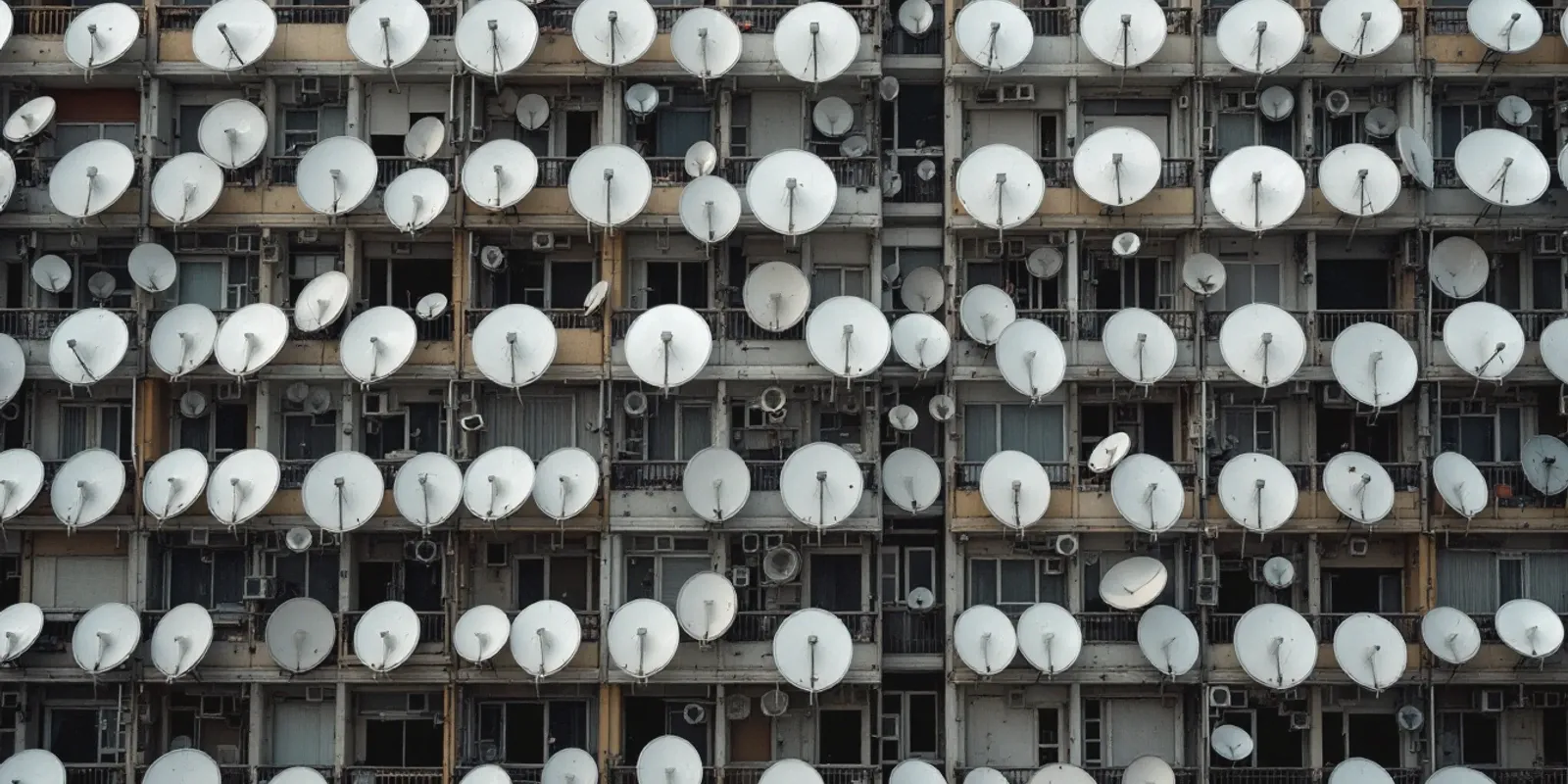 Fachada de un bloque de pisos cubierta de antenas parabólicas en ángulos distintos
