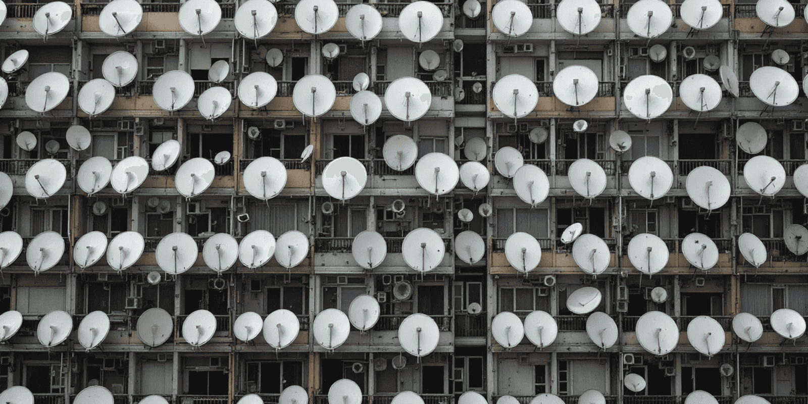 Fachada de un bloque de pisos cubierta de antenas parabólicas en ángulos distintos