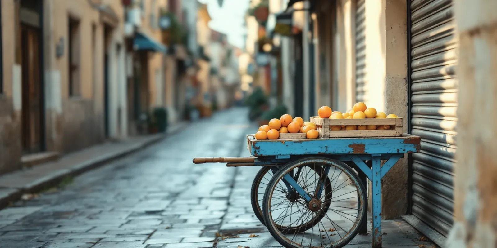 Carro de madera con ruedas de bicicleta cargado de naranjas y limones en cajas