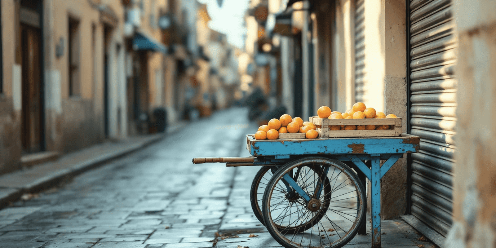 Carro de madera con ruedas de bicicleta cargado de naranjas y limones en cajas