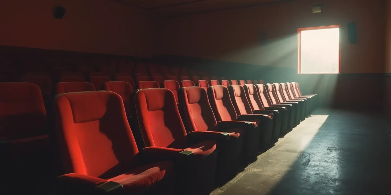 Filas de butacas rojas gastadas en un cine antiguo con las luces de sala encendidas