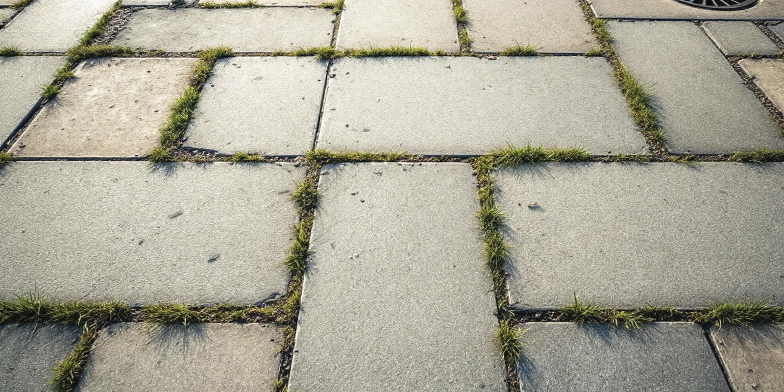 Losas grandes de una plaza, descoloridas por el sol y con hierba en las juntas